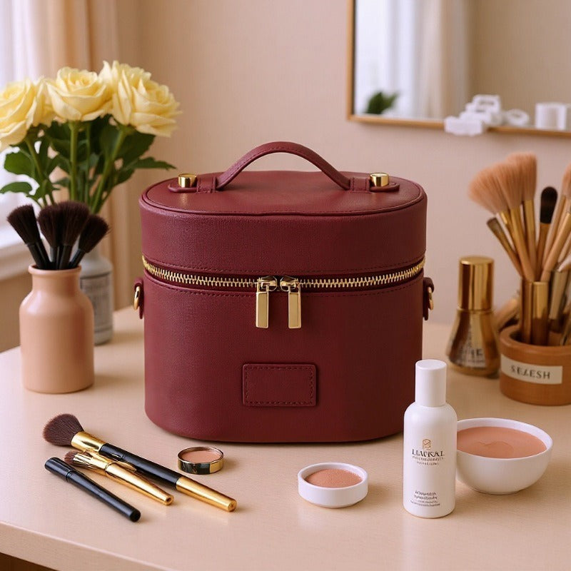 Women's Light-Luxury Cosmetic Bag With Handle | PU Leather Makeup Organizer
